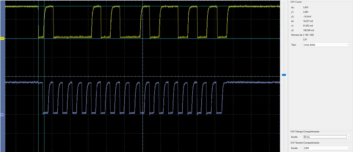 Captura de osciloscopio de una comunicación I2C desde dsPIC33FJ hacia dsPIC33EP