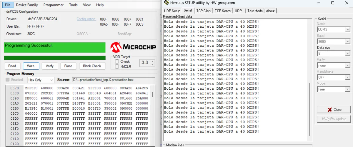 Resultado del mensaje UART enviado por el dsPIC y recibido en la PC