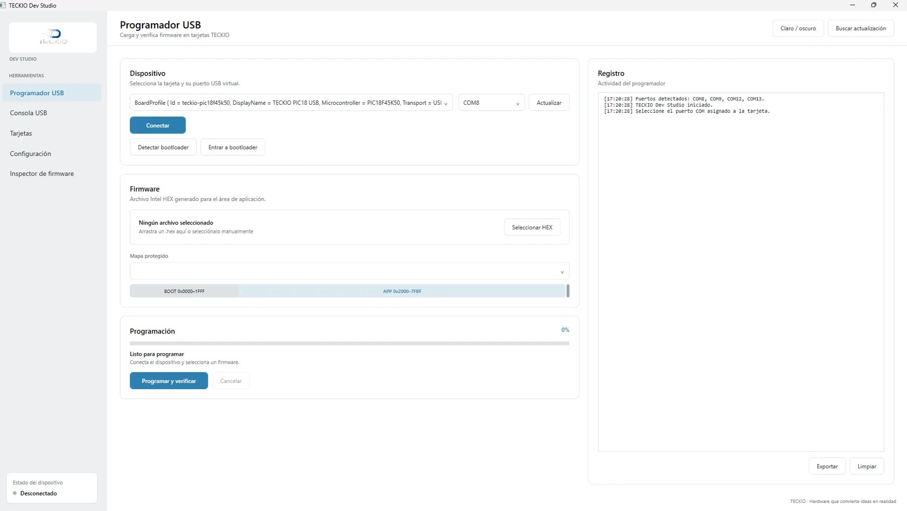 Interfaz de TECKIO Dev Studio para Windows