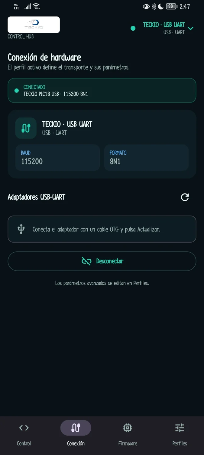 Interfaz móvil TECKIO Control Hub